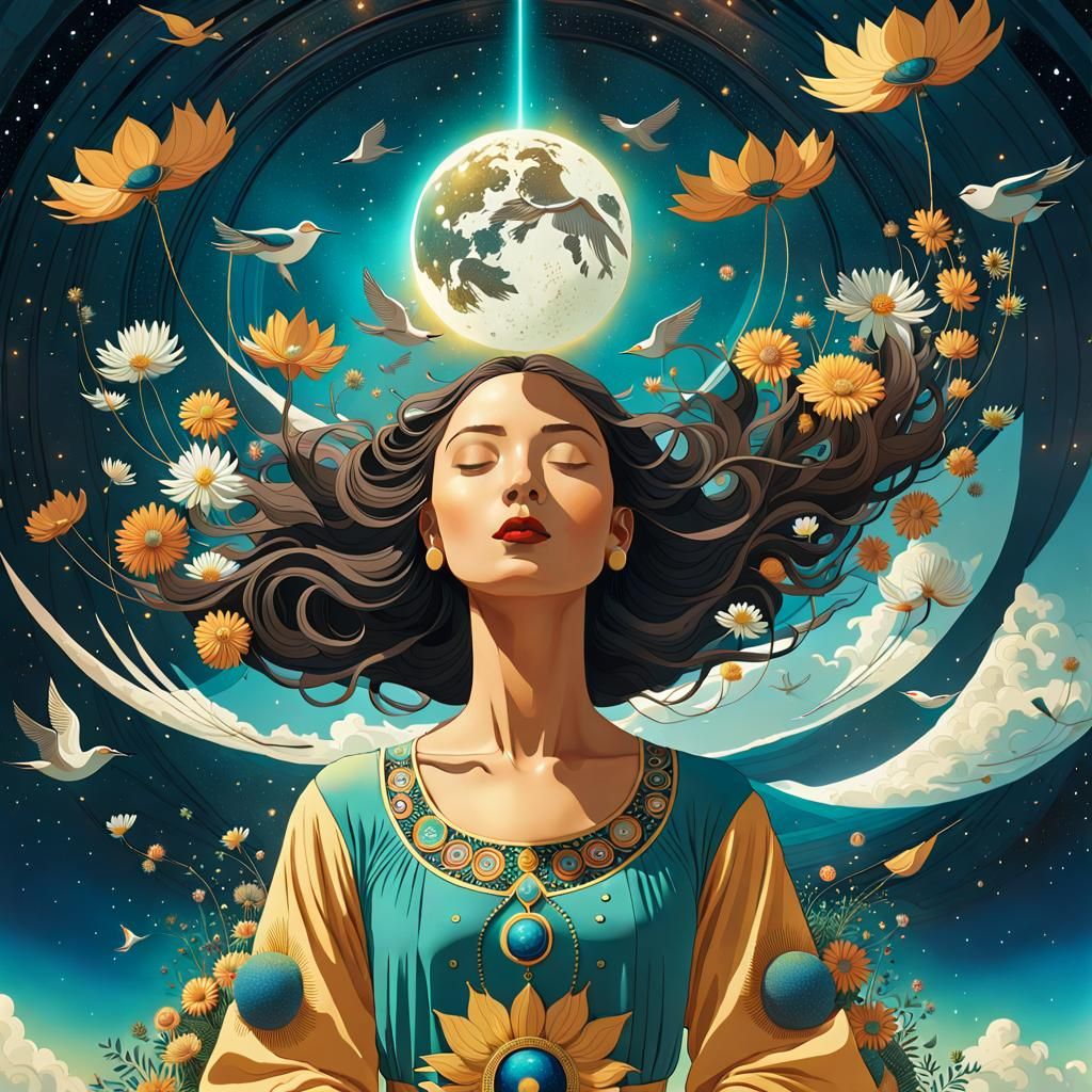 Woman Holding Cosmos in Surreal Upside-Down Universe