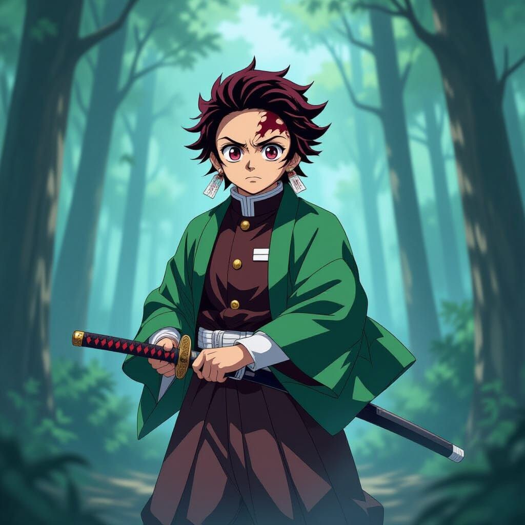 Tanjiro in Misty Forest, Ready for Battle in Anime Style