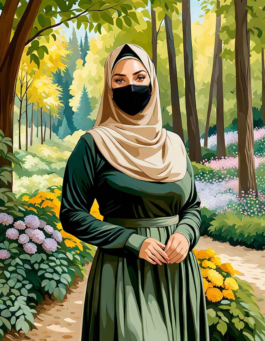 Woman in Hijab in Forest Garden Painting
