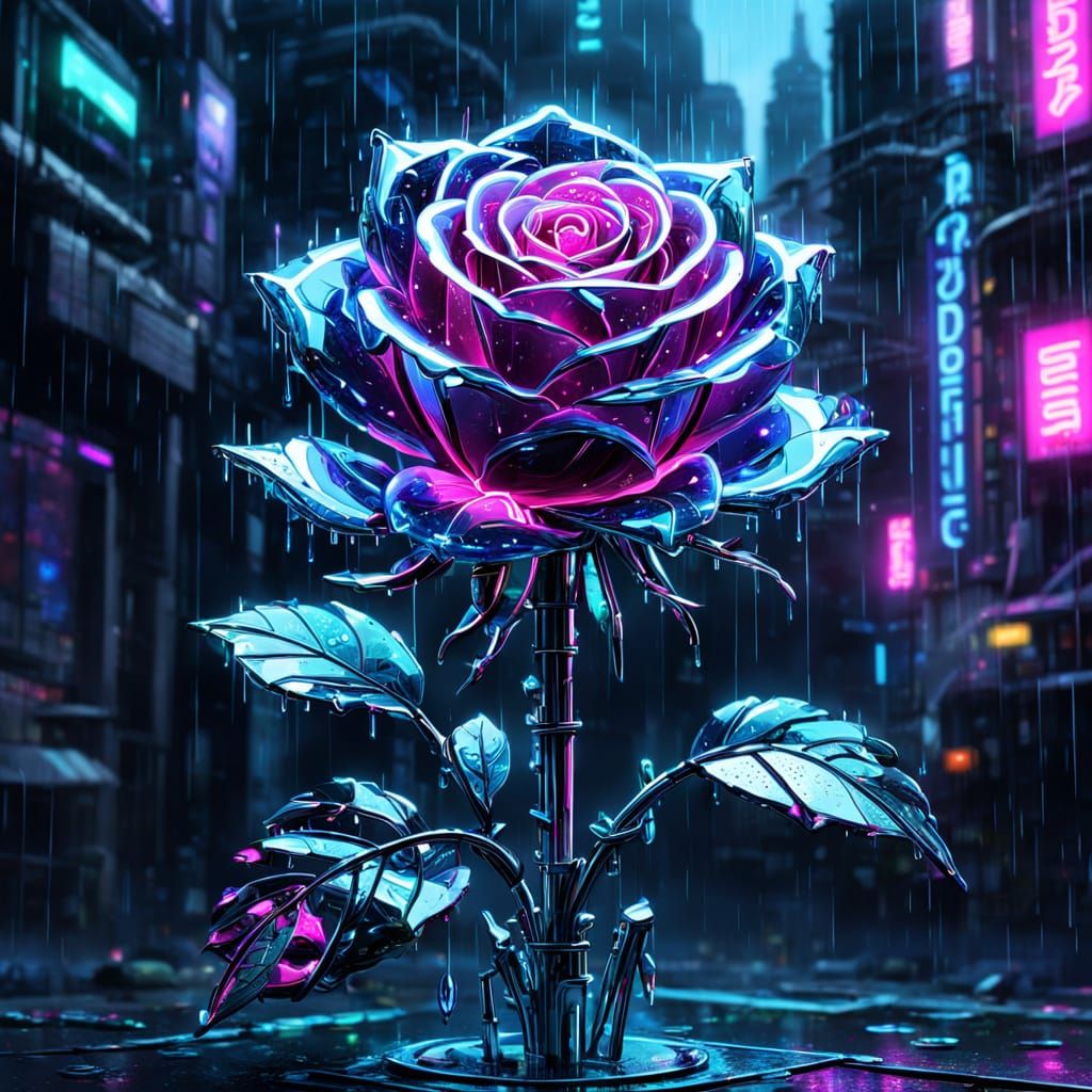 Cyberpunk Crystalline Rose with Neon Glow