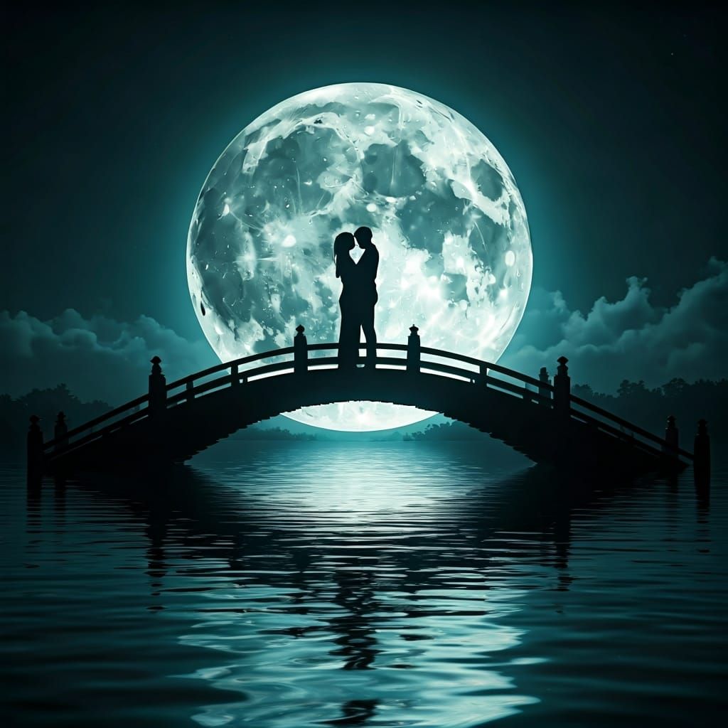 Ethereal Moonlit Embrace on Japanese Bridge