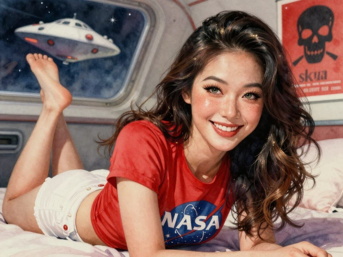 Athletic Asian Woman in Retro NASA Shirt