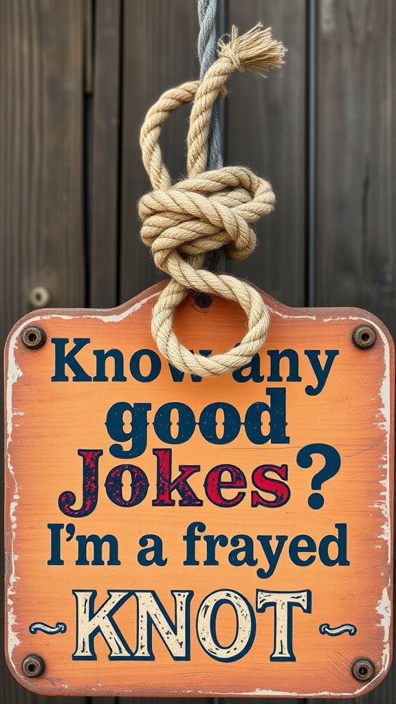 Illustration of a frayed knot in bold text " Know any good jokes? I'm a frayed knot"