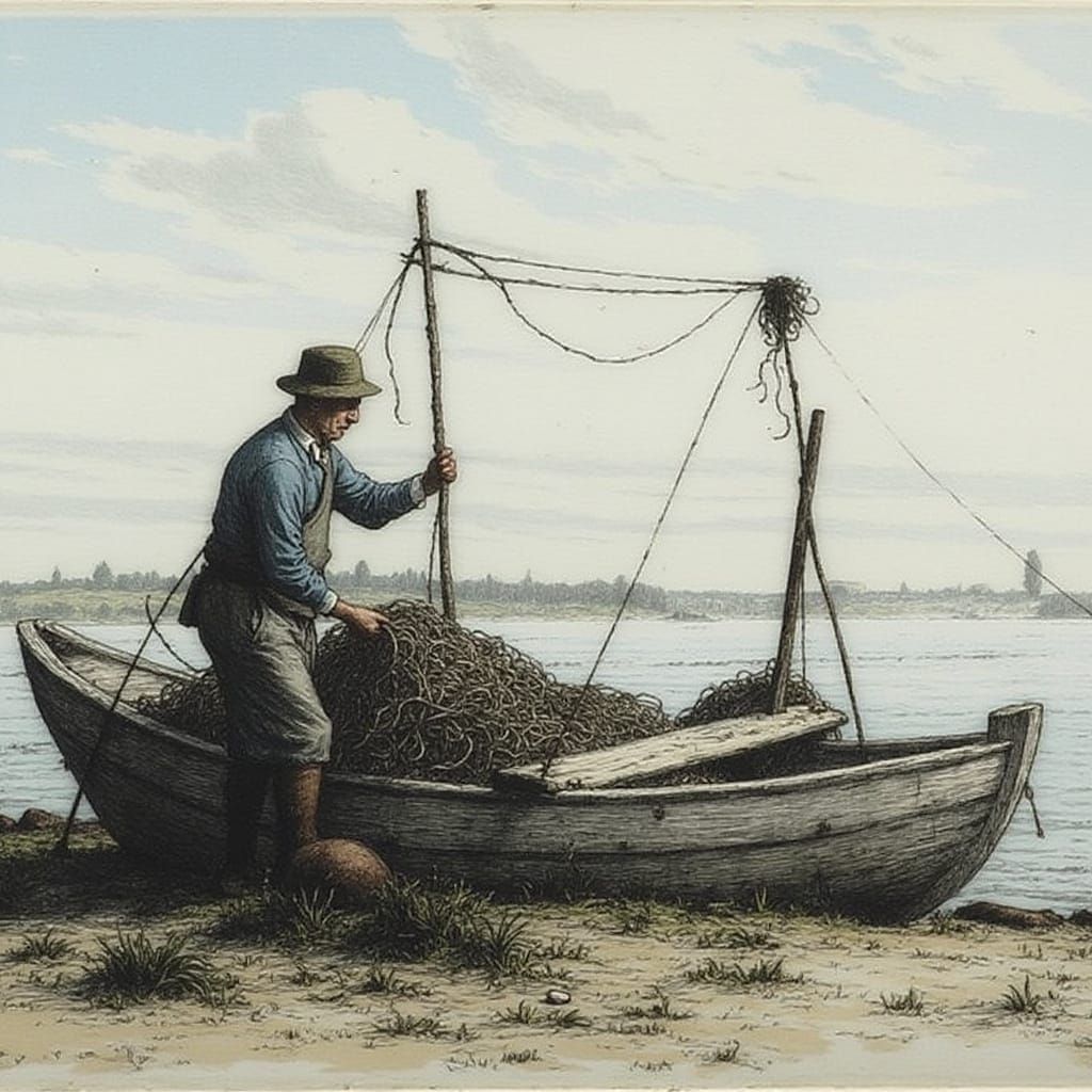 Old Fisherman Lays Nets from Boat at Dawn