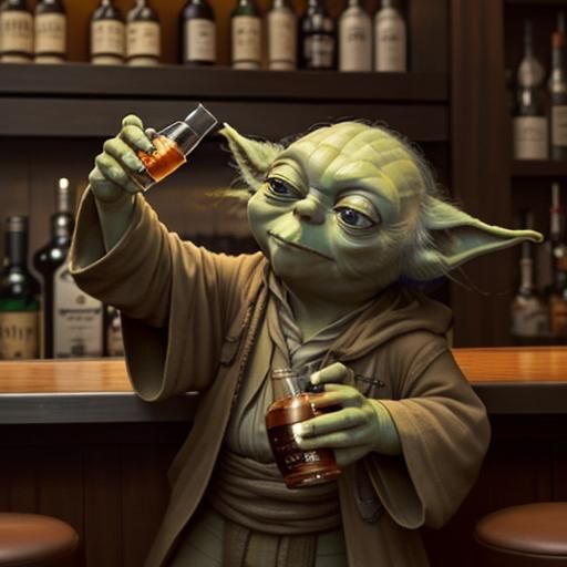 Yoda Drinks Whisky in a Bar