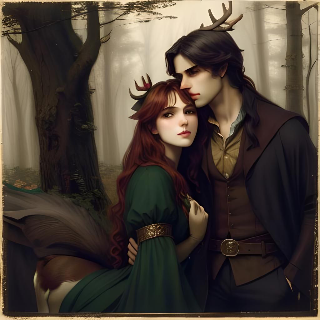Man Holds Antlered Woman's Face: Pre-Raphaelite Style