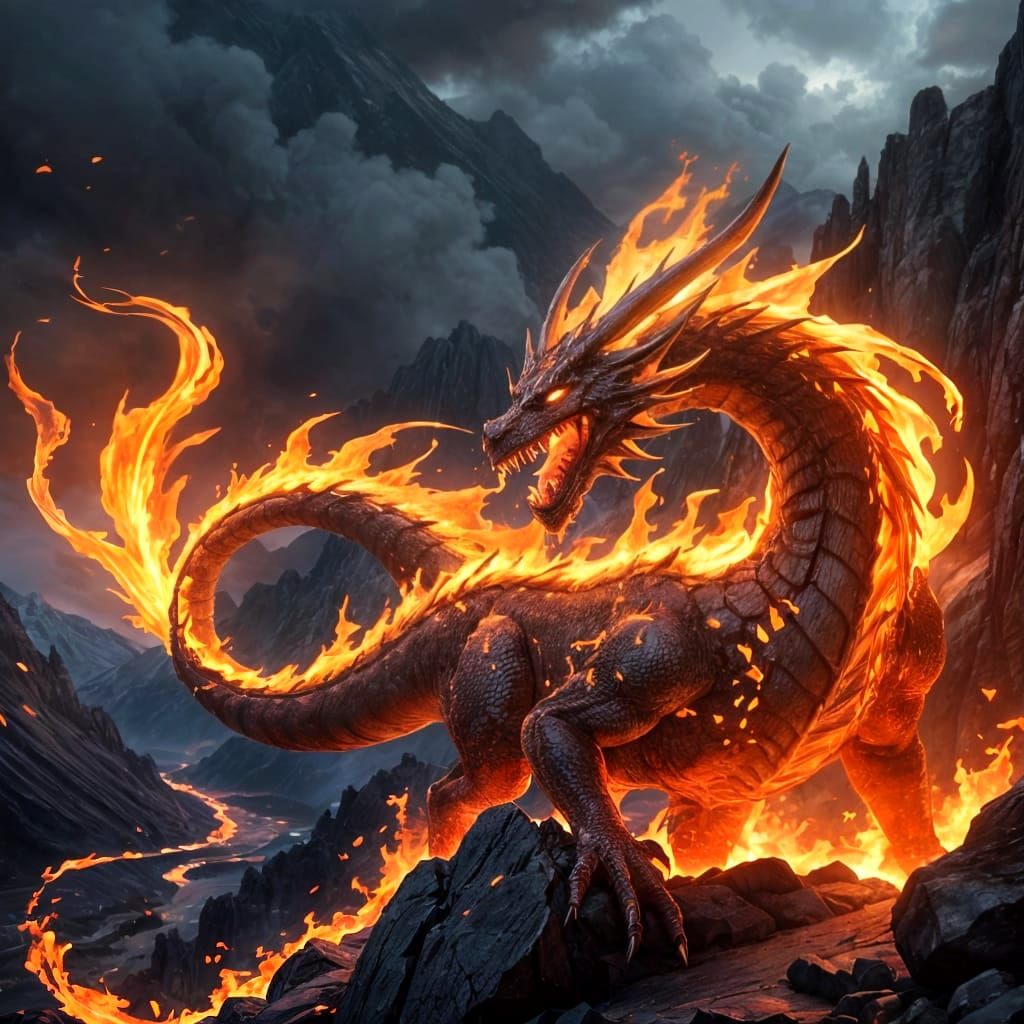 Fiery Dragon in Mountains, 3D Anime Art Style