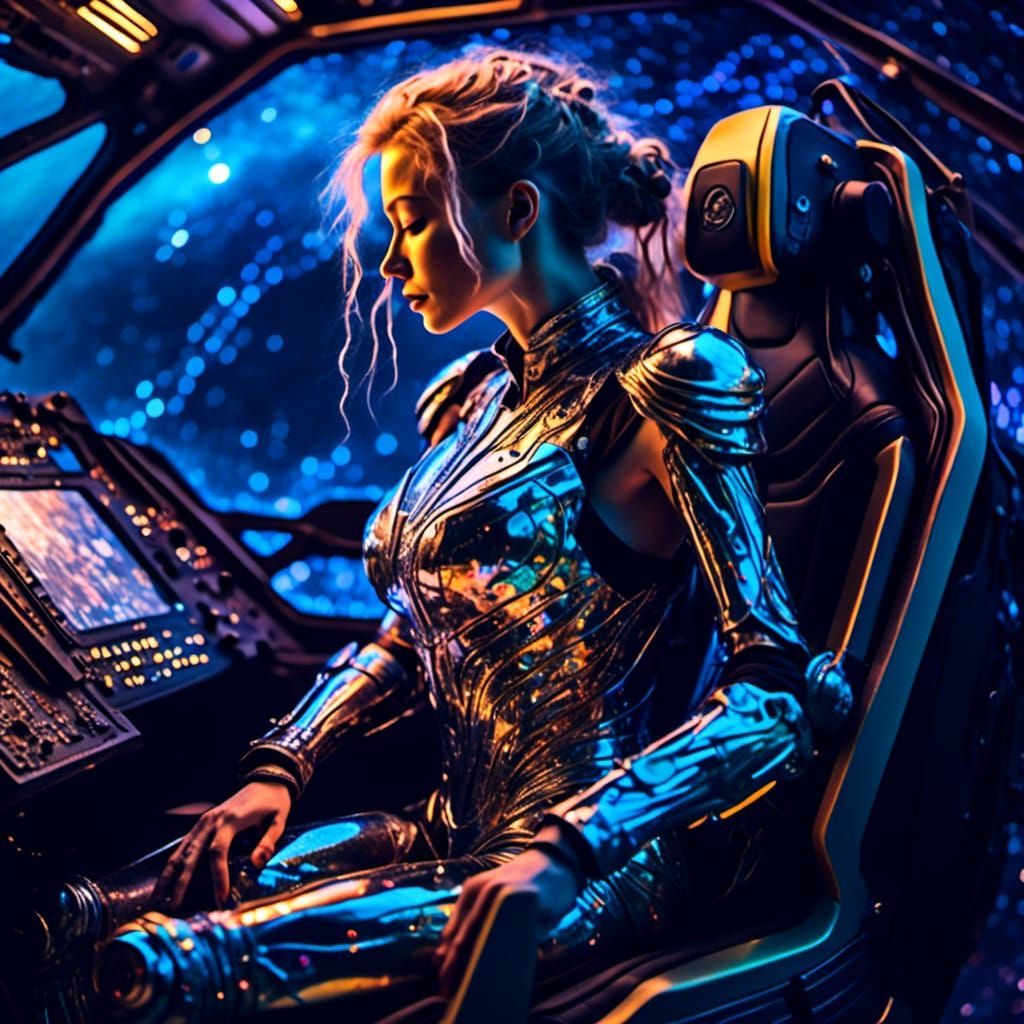 Cyborg Pilot in Spaceship Cockpit: Sci-Fi Art
