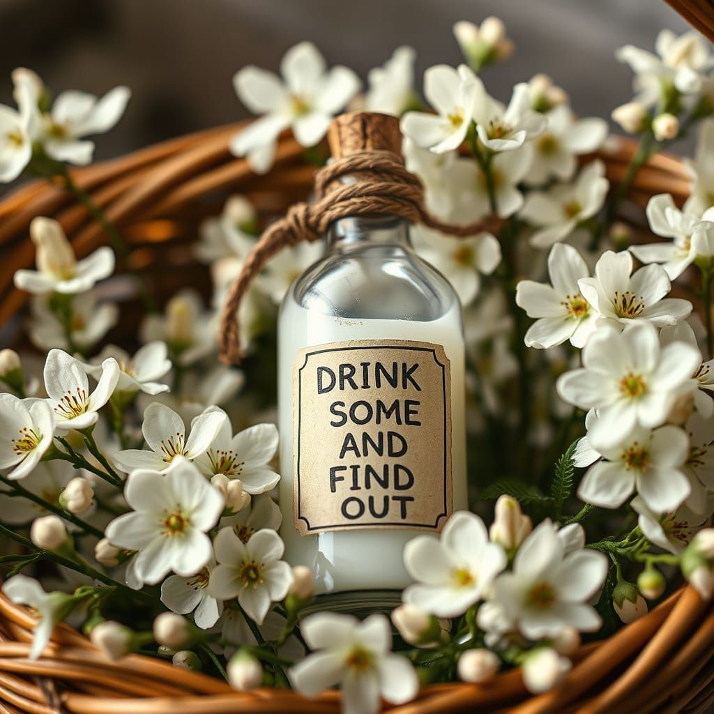 Potion Bottle with Flowers and Mysterious Liquid
