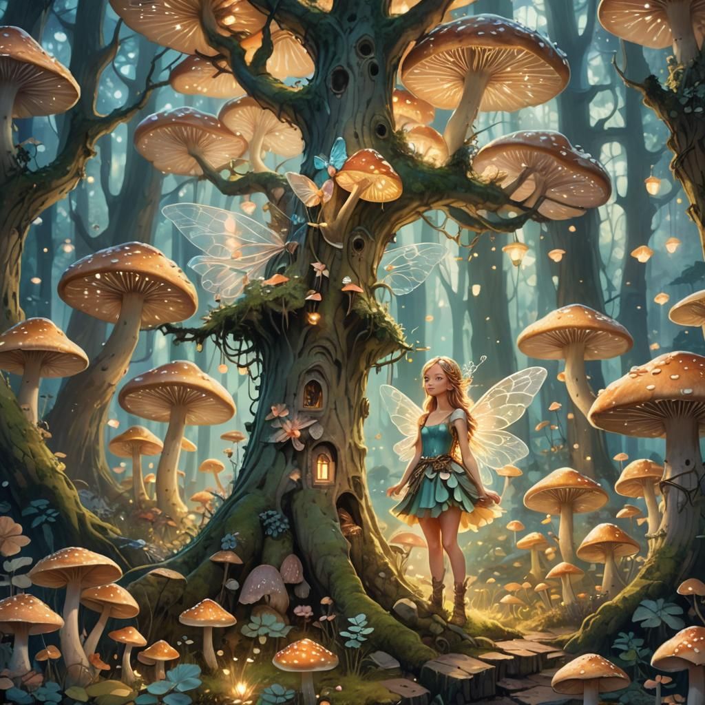 Fairy in Glowing Mushroom Village: Fantasy Illustration