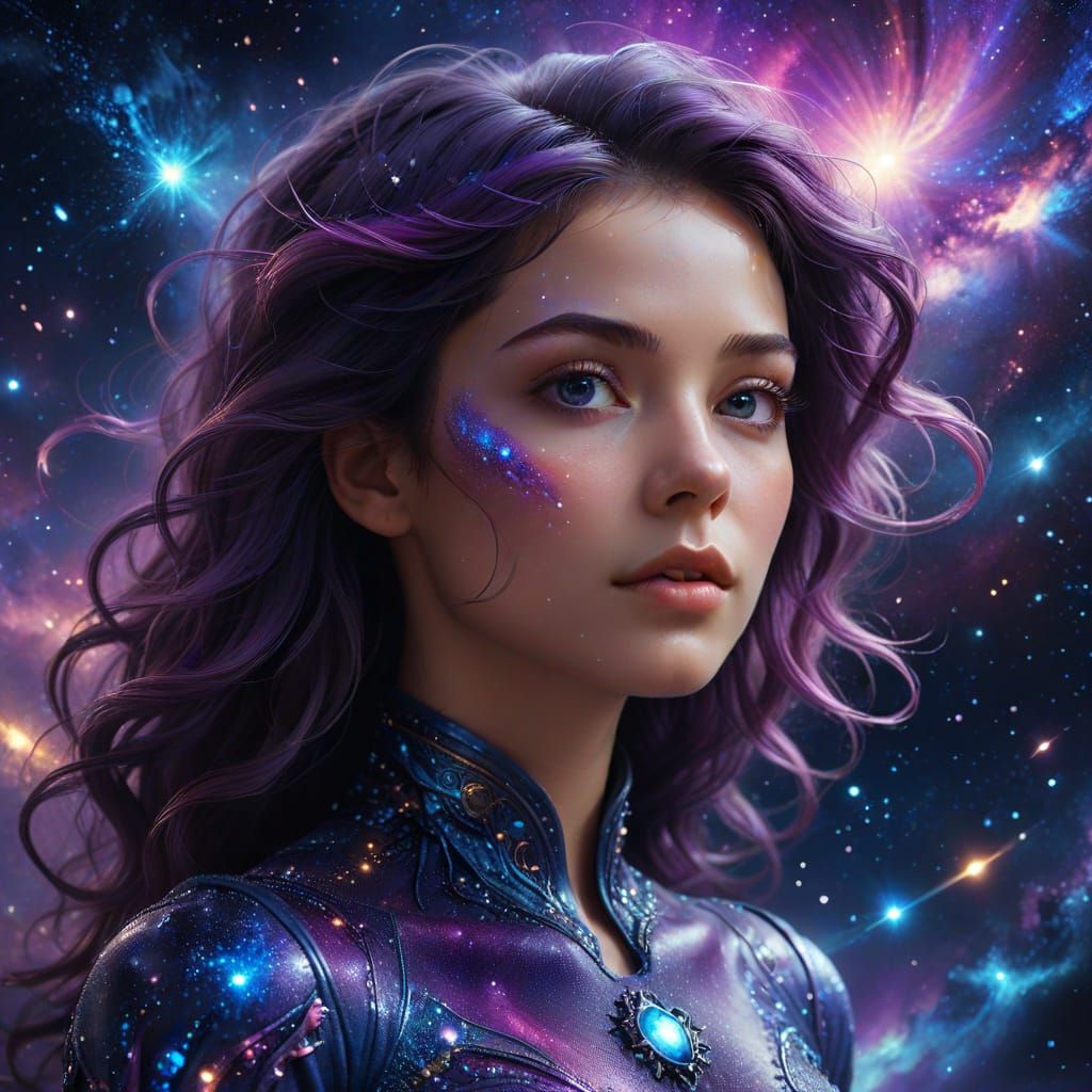 Surreal Woman with Galactic Hair and Cosmic Eyes