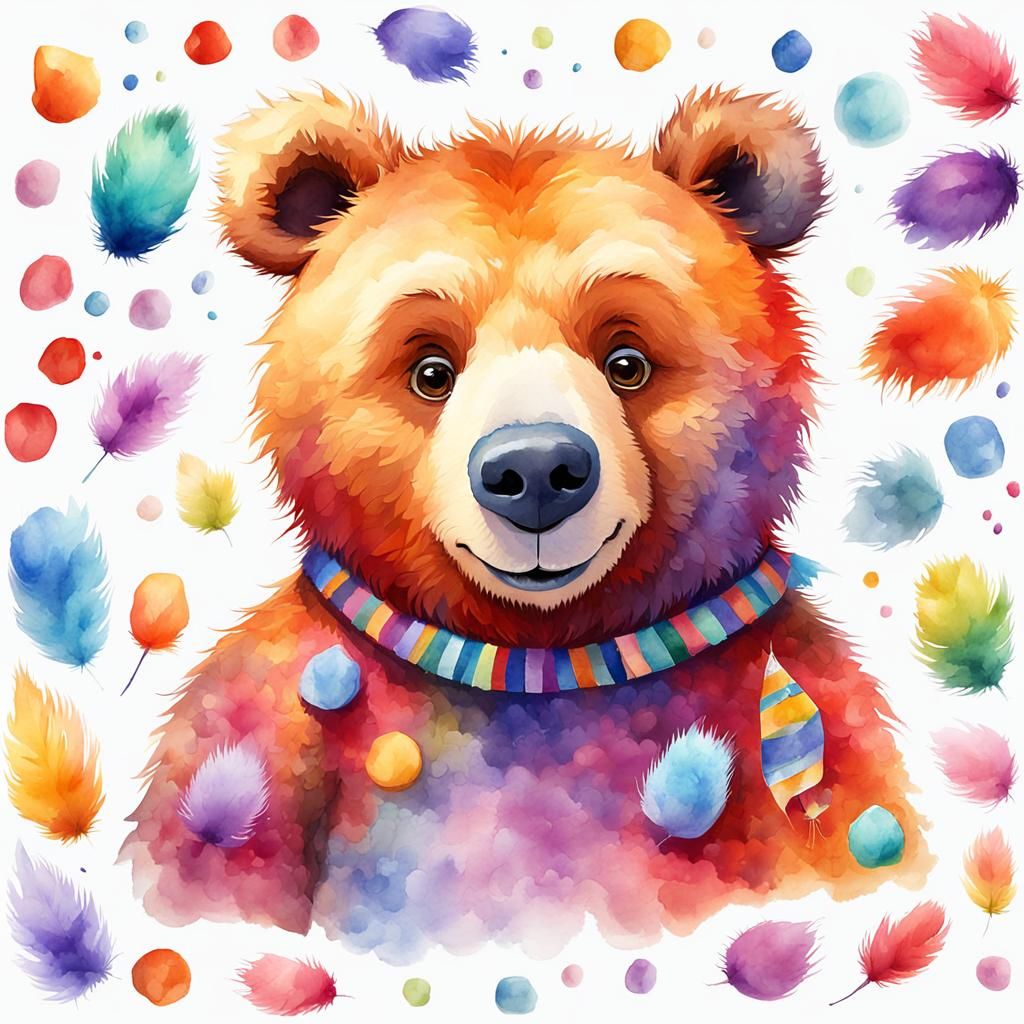 Colorful Fuzzy Bear on White Background in 3D