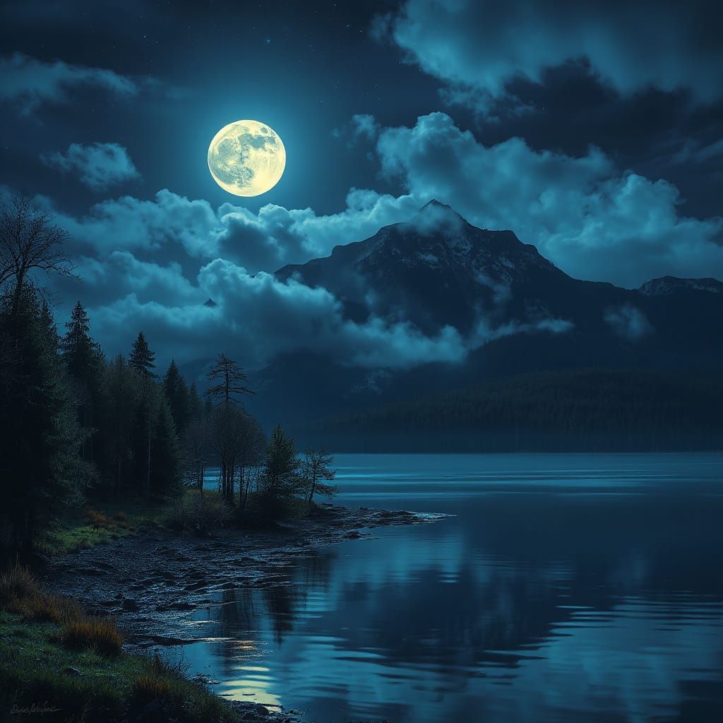 Moonlit Lake: Hyperrealistic Splash Art Aesthetic