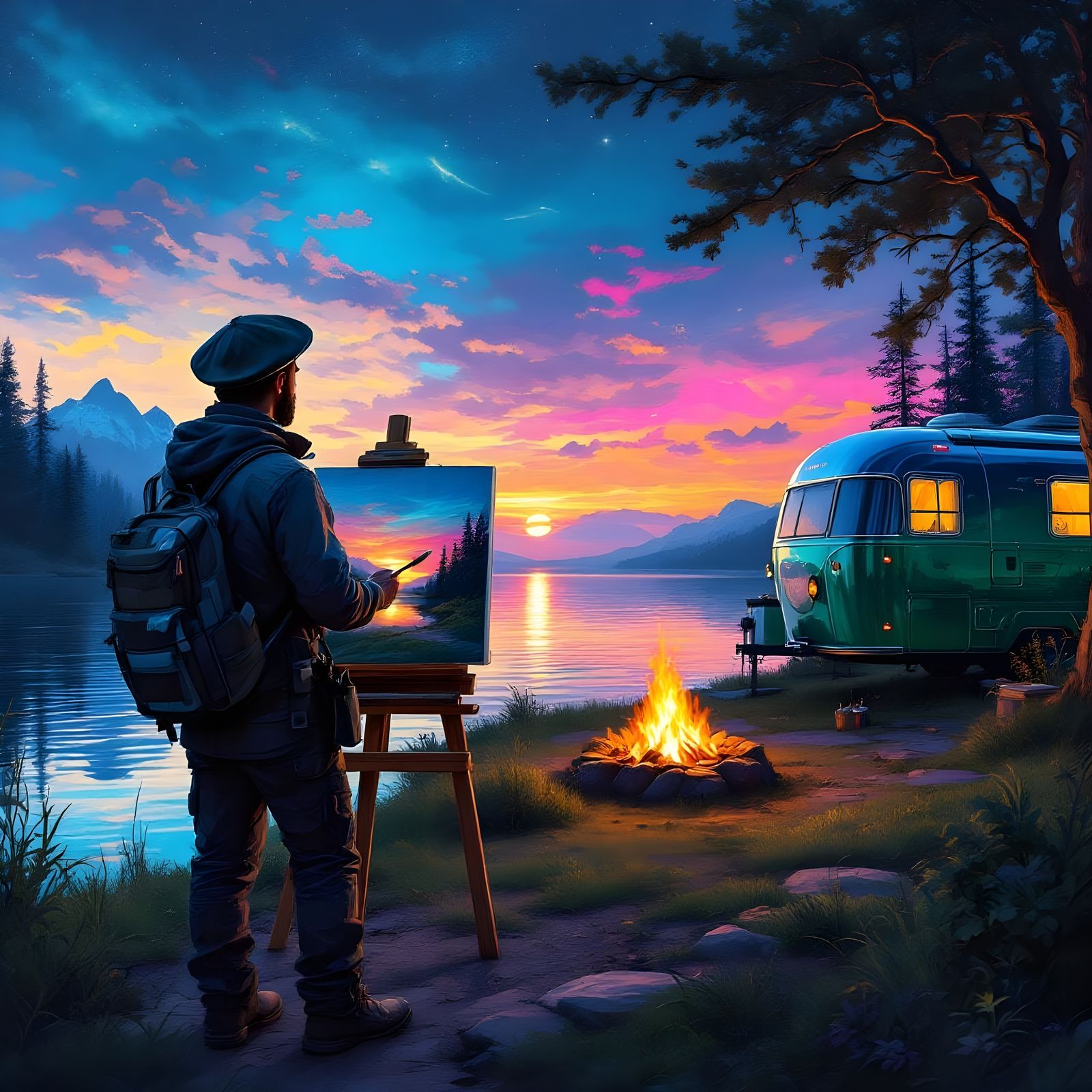 Sunset Lake Oil Painting at Campsite Scene