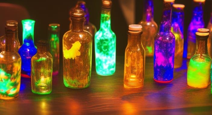 Glowing Potions on Witch's Table, Dark Fantasy Art