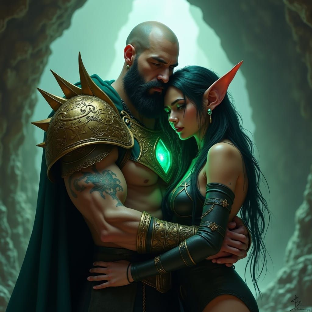 Ethereal Embrace in Ancient Cavern, Digital Art in Dark Fant...