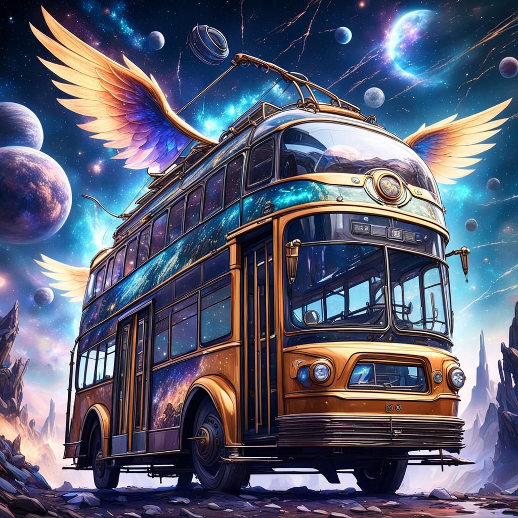 Winged Trolleybus Soaring Through Cosmos: Fantasy Art