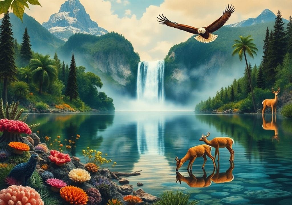 Majestic Waterfall Scene with Wildlife and Coral Reefs