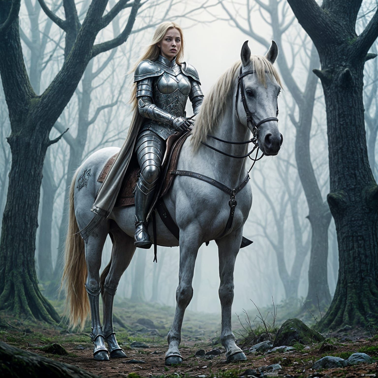Knight on White Horse in Ancient Forest