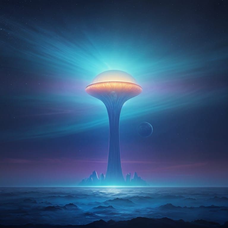 Surreal Cosmic Ocean with Giant Glowing Fruits & Starship