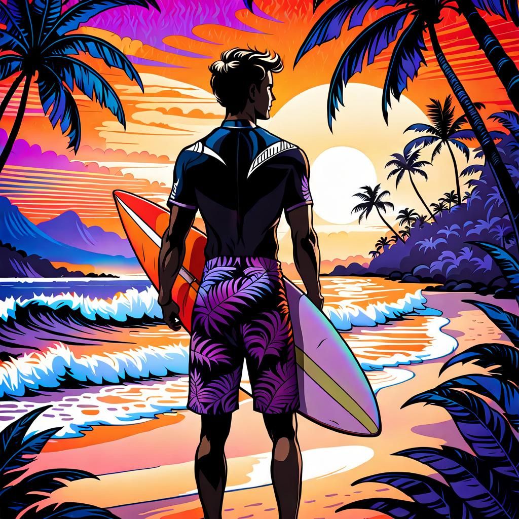 Hawaiian Sunset Surfer Portrait in Batik Style