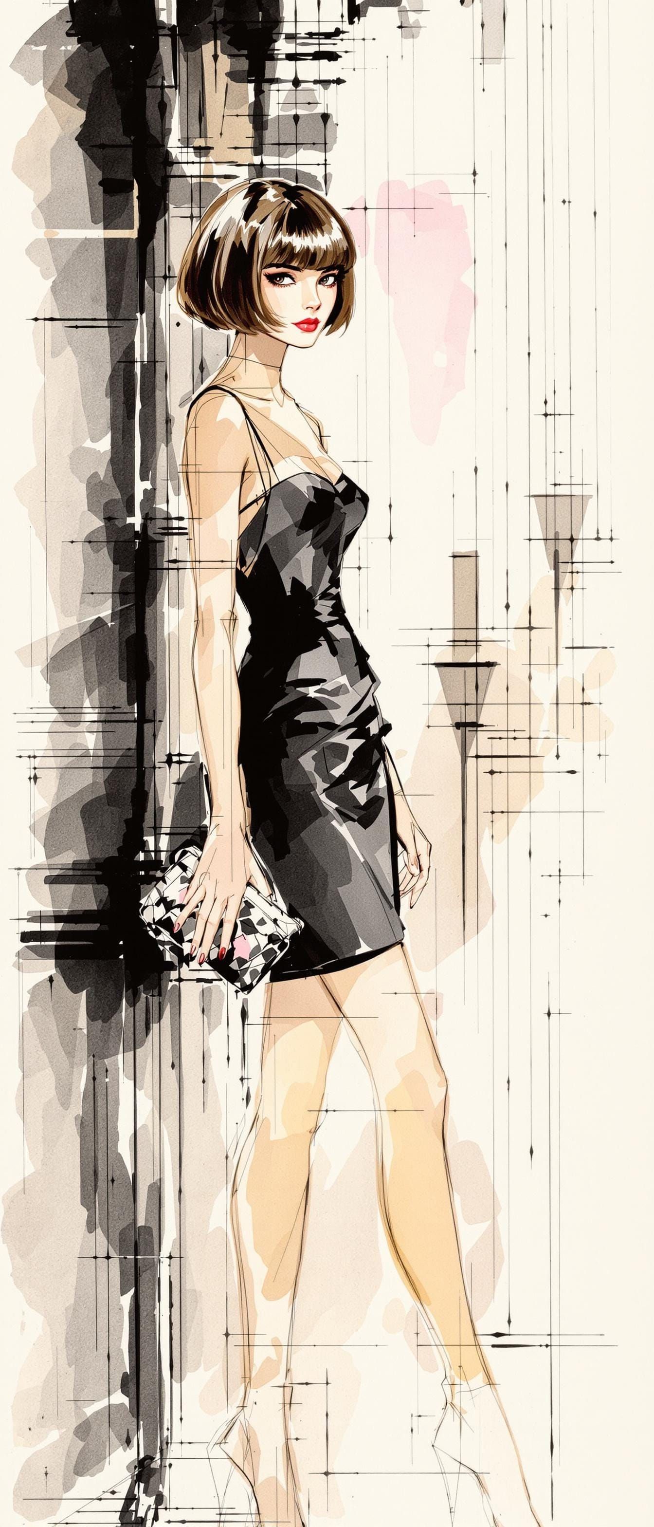 Architectural Sketch of Woman in Dress with Watercolors