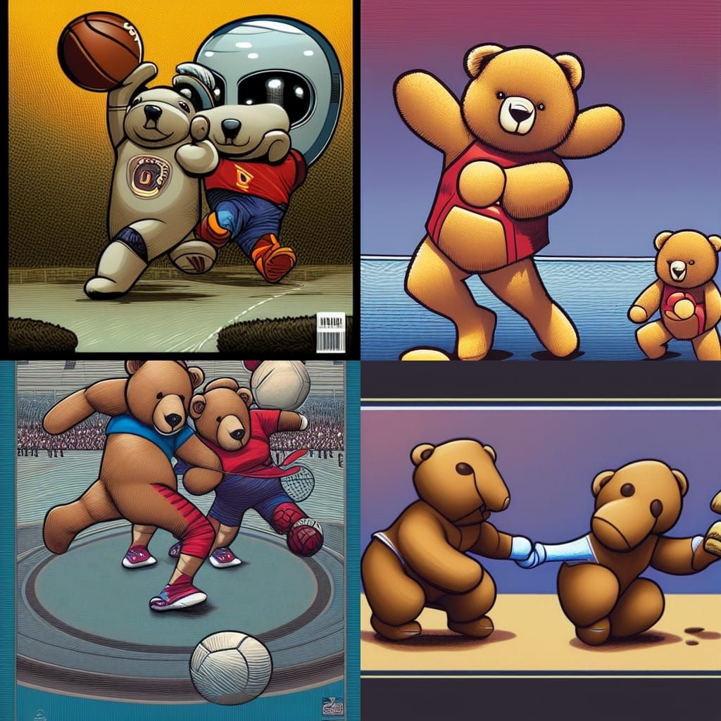 Teddy Bears Playing Sports in Comic Book Art Style