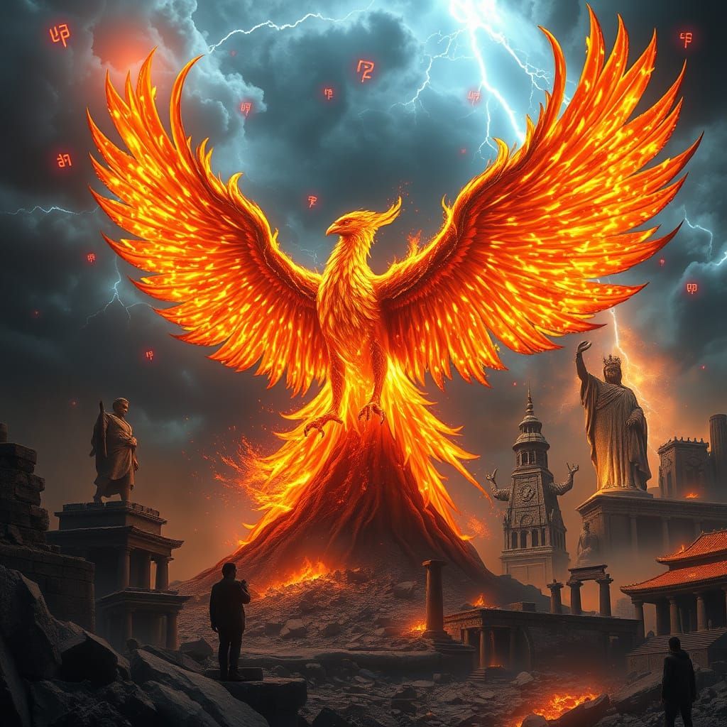 Phoenix Rises from Ancient Ruins in Cyberpunk Aesthetic