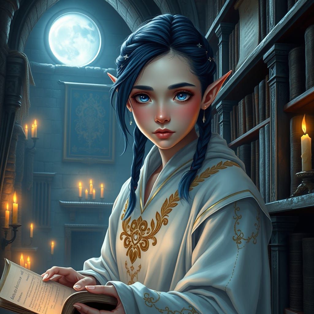 Ethereal Elf Cleric Searches Ancient Library Shelves