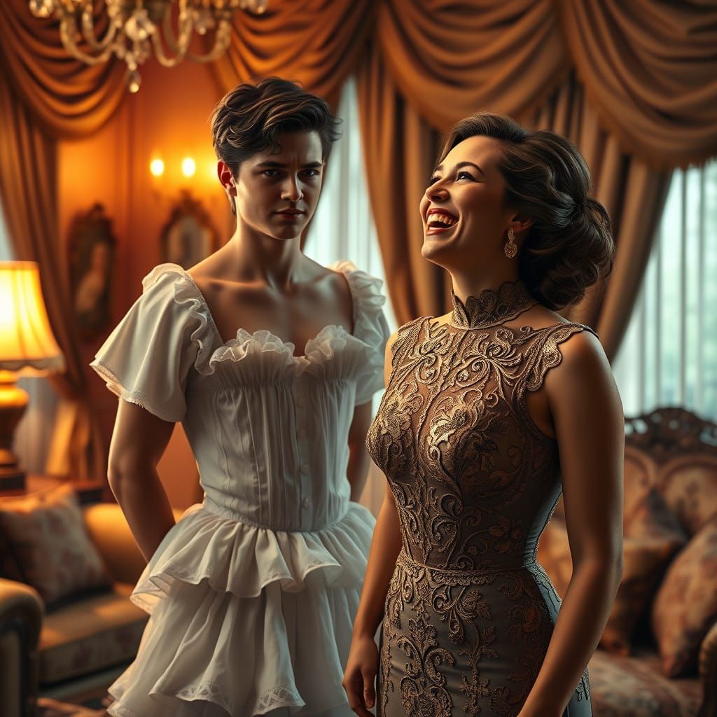 Embarrassed Youth in Petticoat Dress Confronts Elegant Woman...