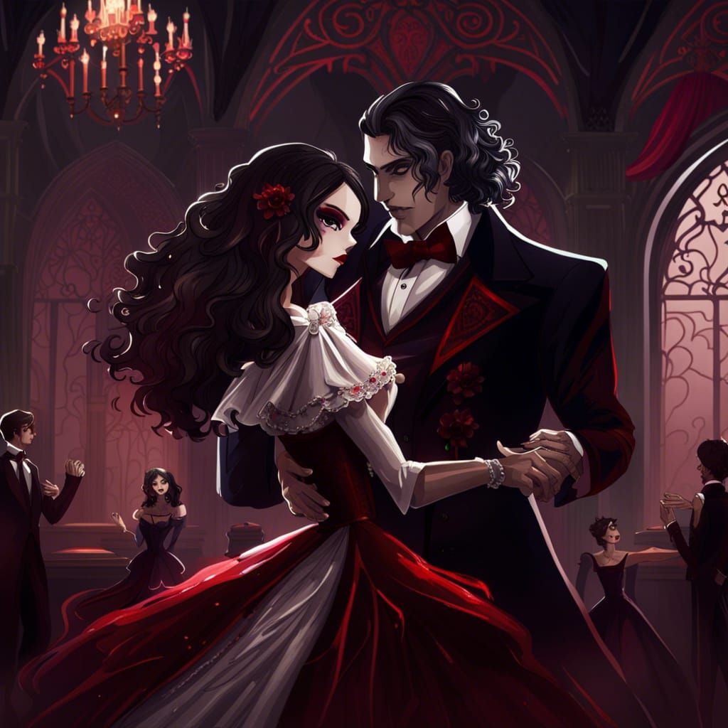 Vampire Couple Dancing in Gothic Ballroom