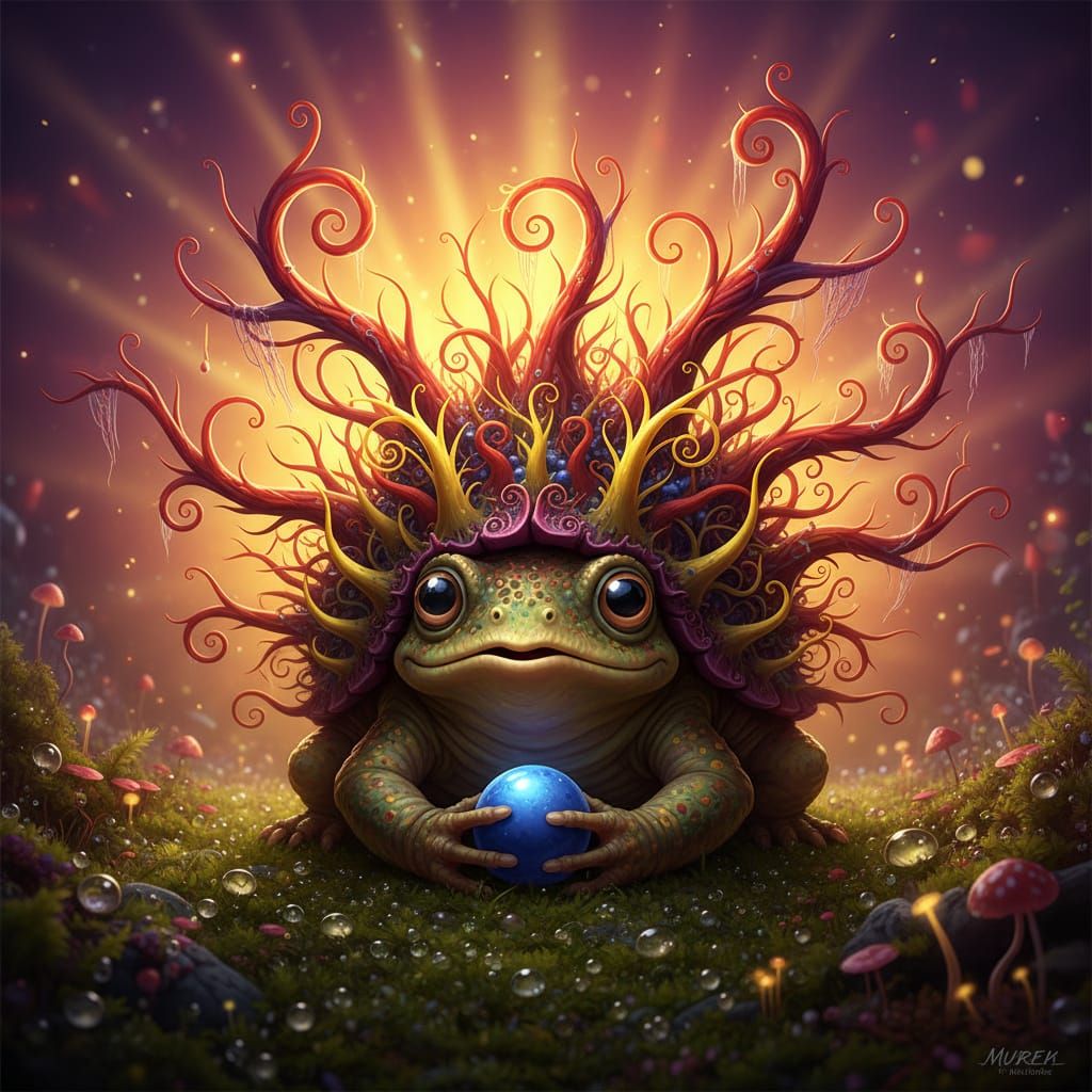 Expressive Frog-Tortoise with Spiny Shell Holding Berry