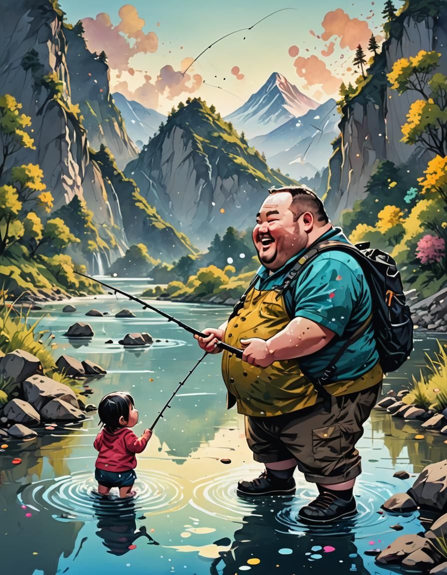 Happy Fisherman with Chibi Girl, Detailed Ink Art