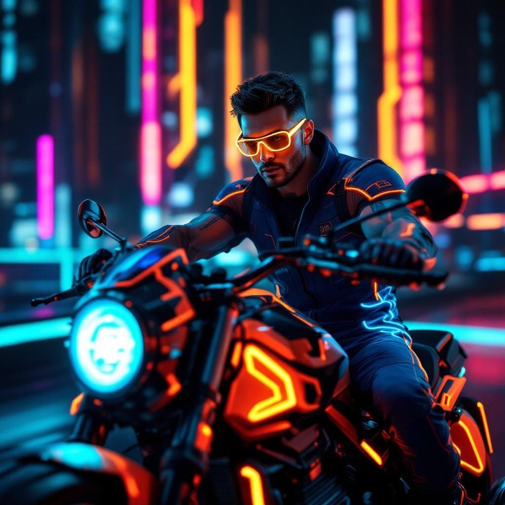 Neon Motorbike Rider in Futuristic Cyberscape
