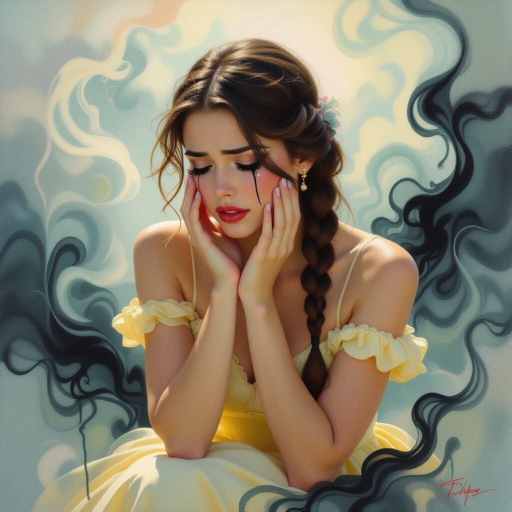 Woman Crying Black Ink Tears in Ethereal Mist