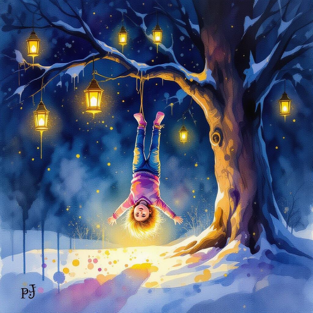 Surreal Watercolor Night Scene: Upside Down Child