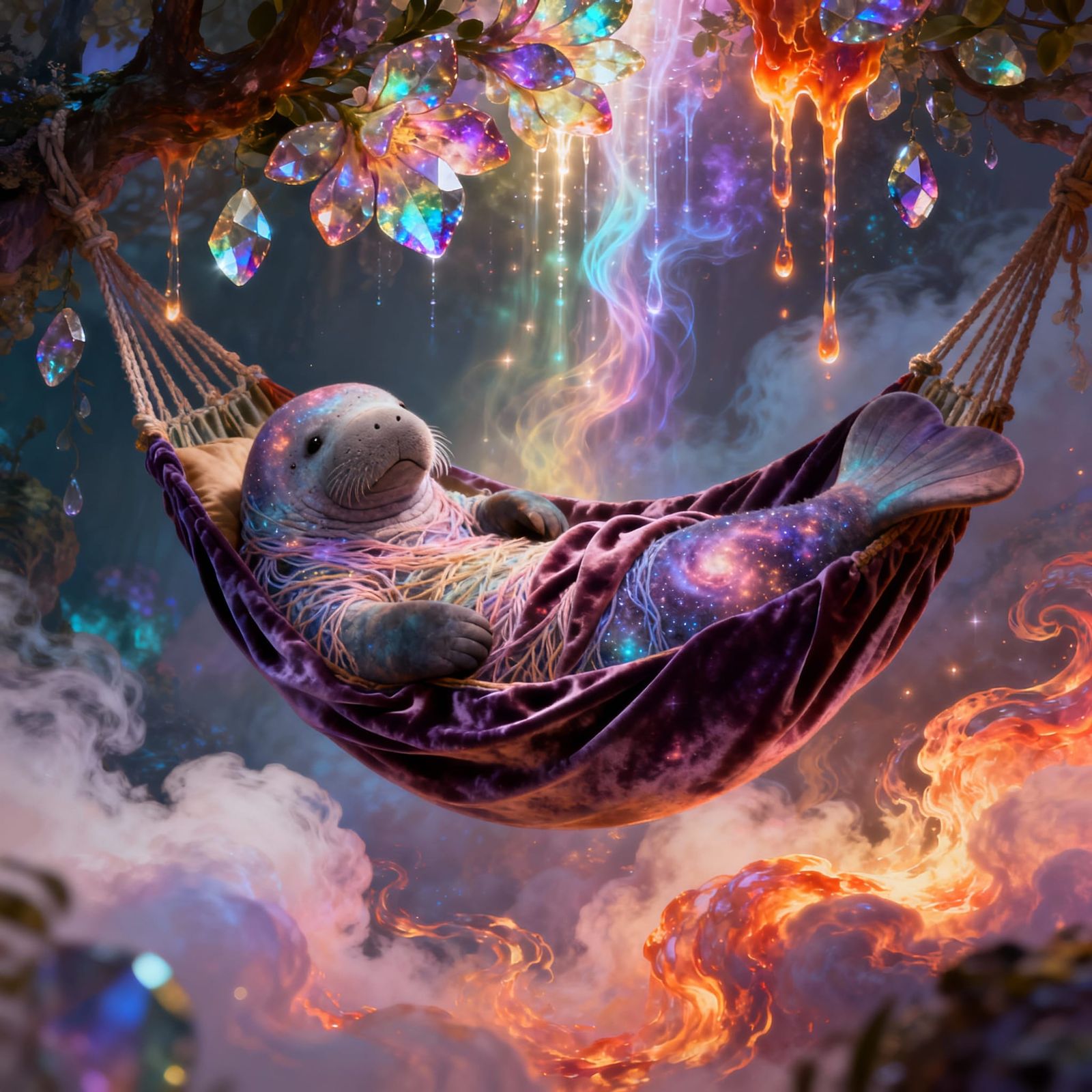 Nebula Manatee in Hammock Amidst Spectral Cascade