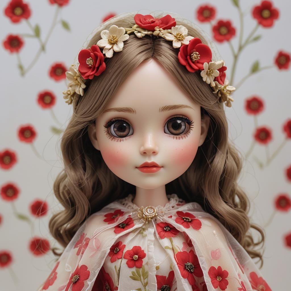 Hyperrealistic Blythe Doll in Red Floral Gown