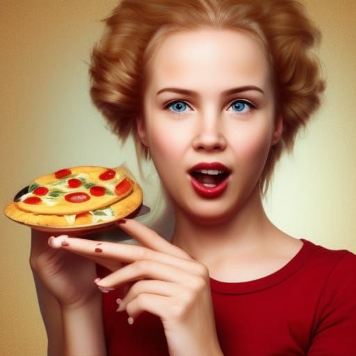 Attractive Blonde Woman Eating Pizza Portrait