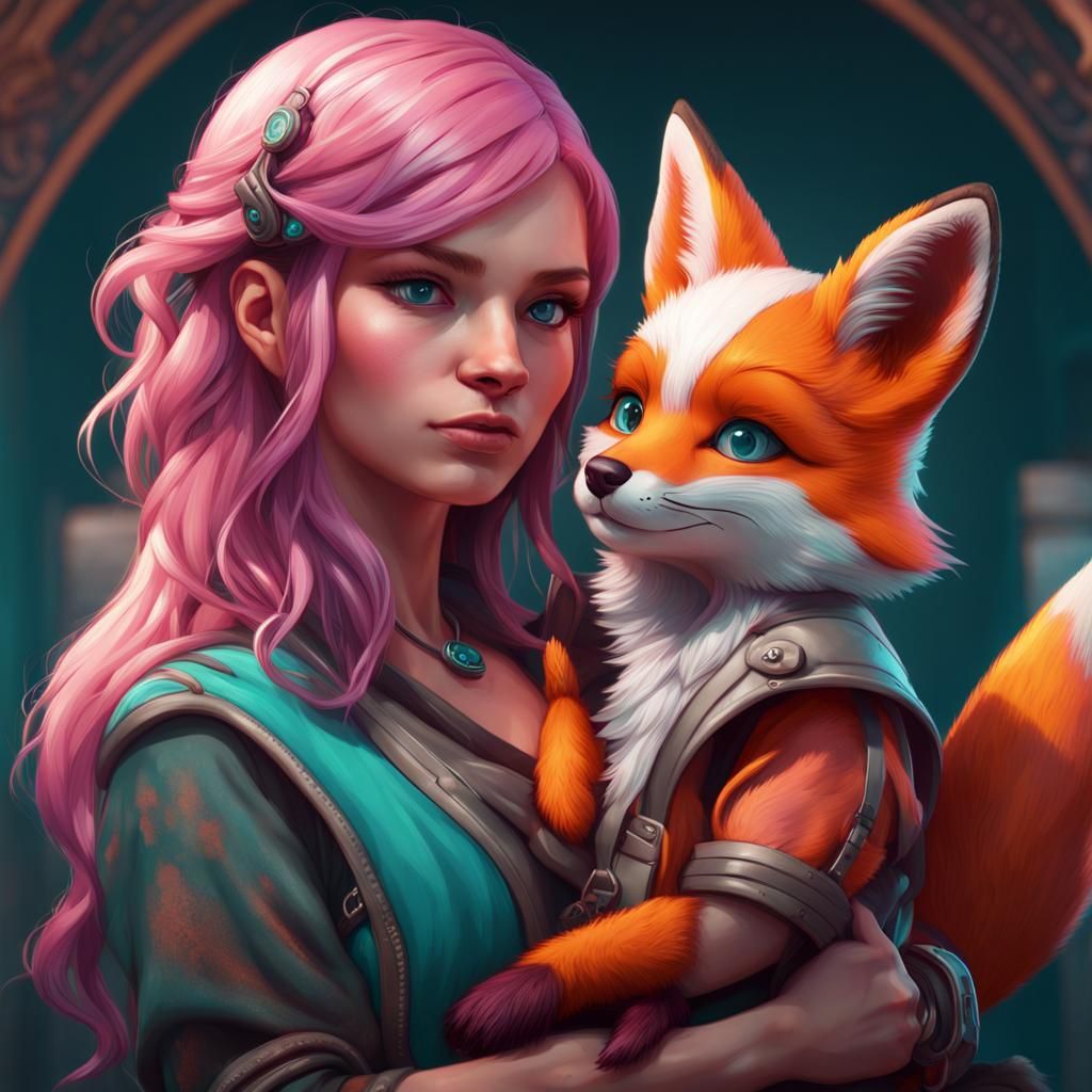 Girl Holding Fox: Art Nouveau Concept Art