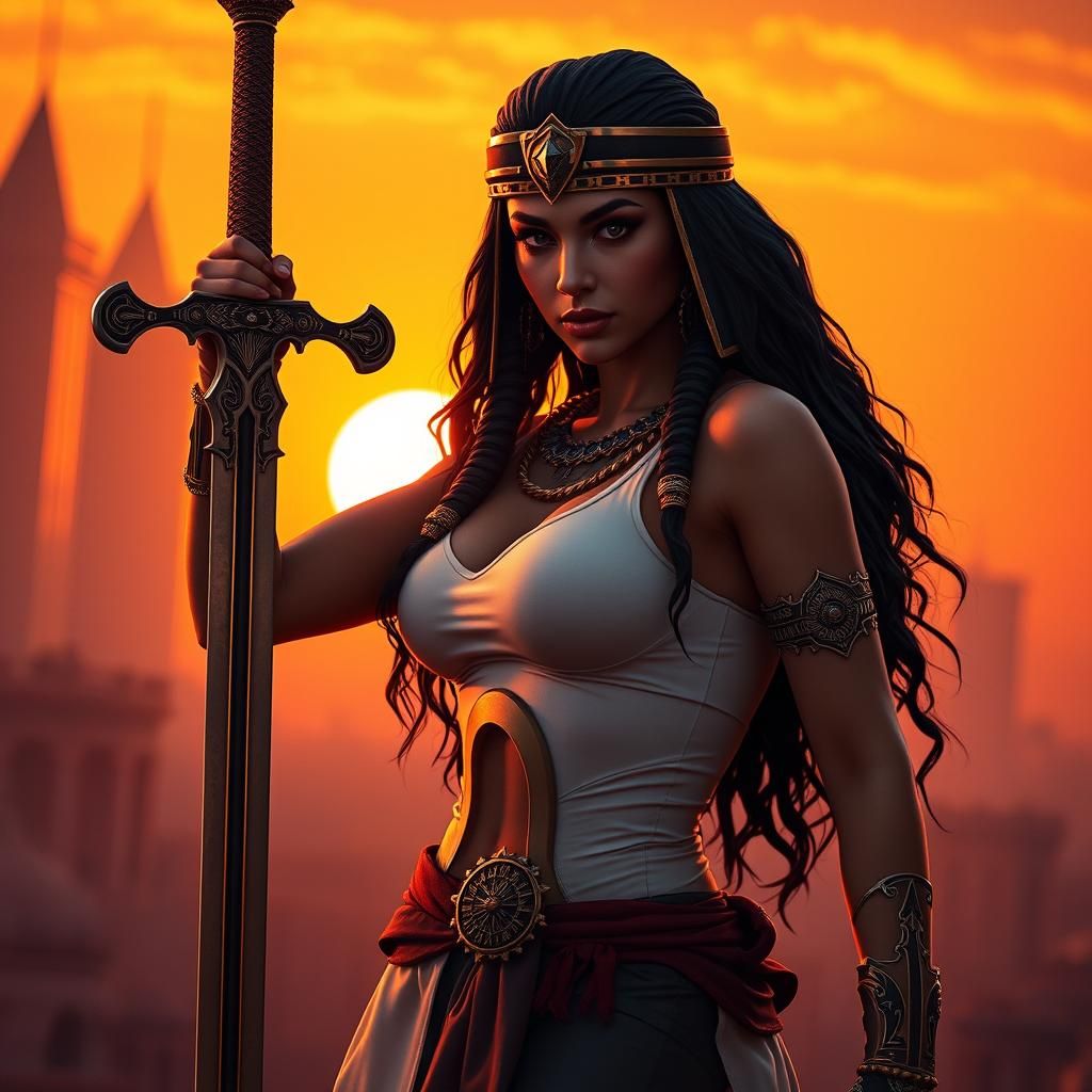 Egyptian Superheroine with Sword at Dusk