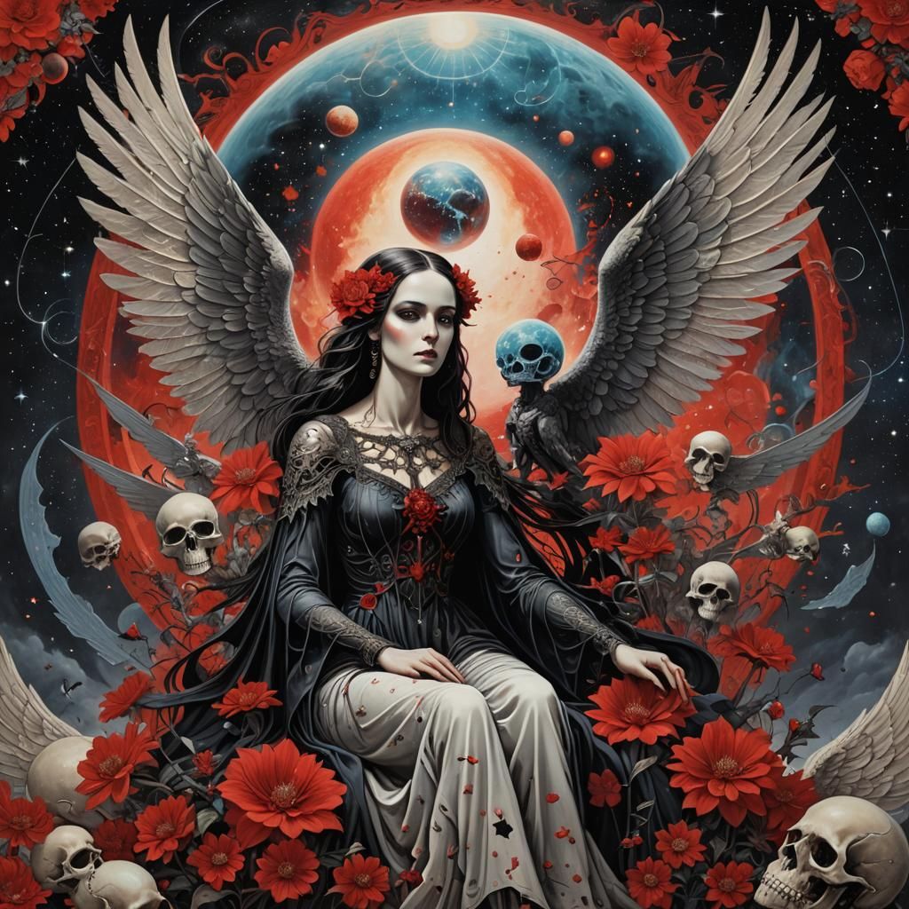 Winged Woman in Gothic Sci-Fi Cosmic Scene