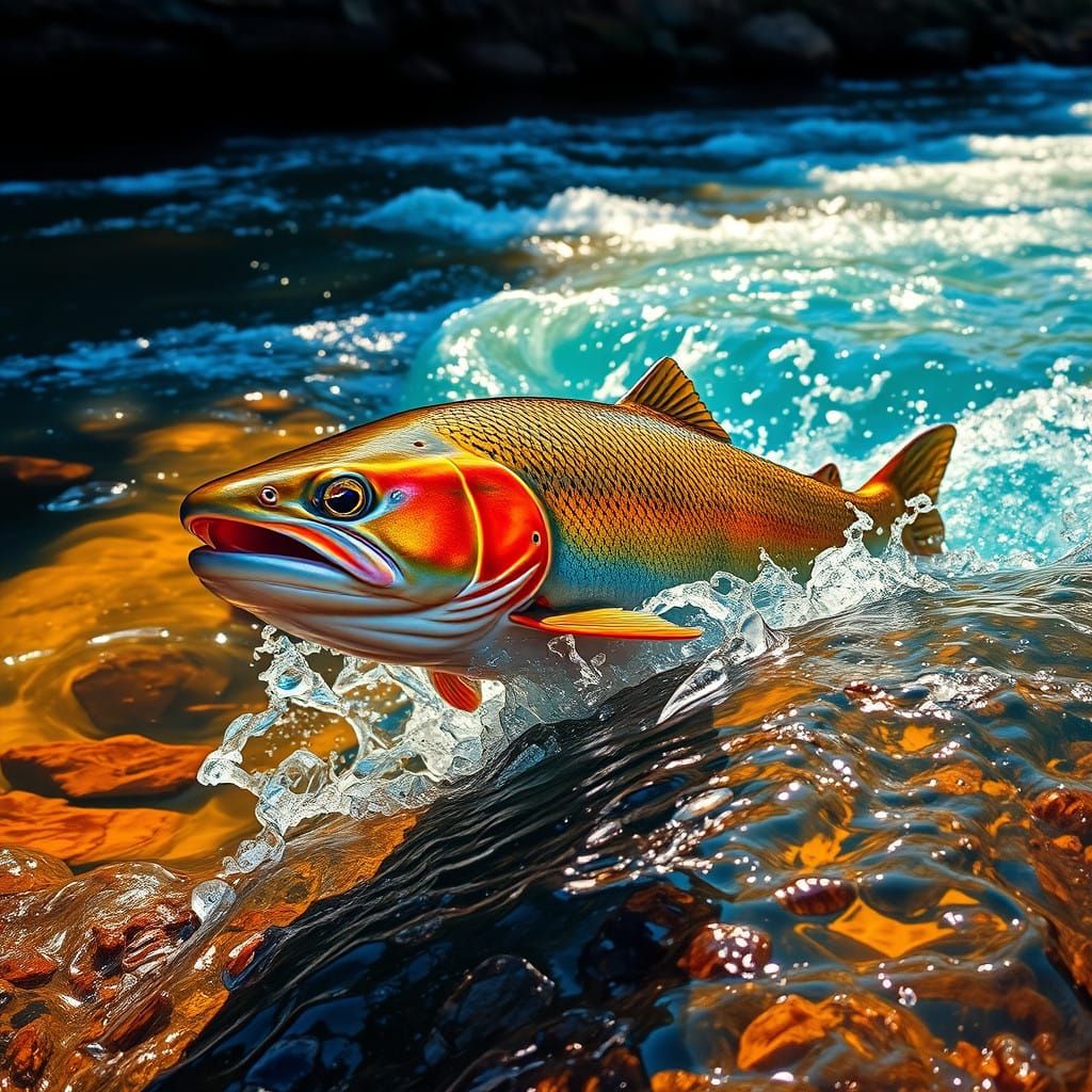 Trout Emerges from Golden Rapids in Impasto Oil Painting