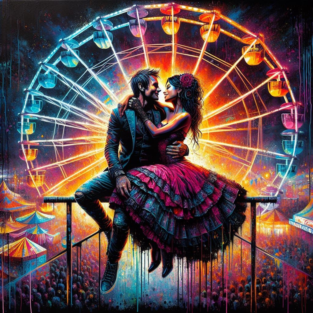 Gothic Couple Cuddling on Ferris Wheel in Street Art Style