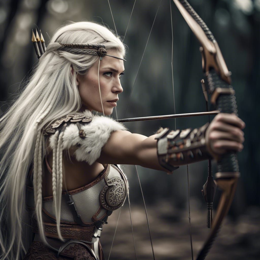Hyperrealistic Female Warrior Archer with White Hair