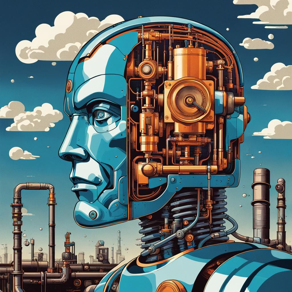 Cyborg Robot in Industrial Setting, Pop Art Style