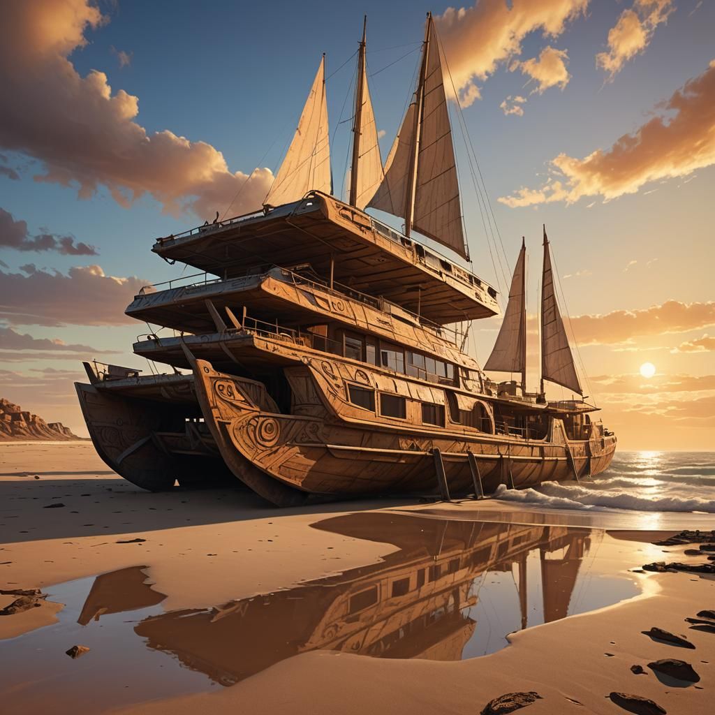 Ancient Catamaran Slides on Sand and Water