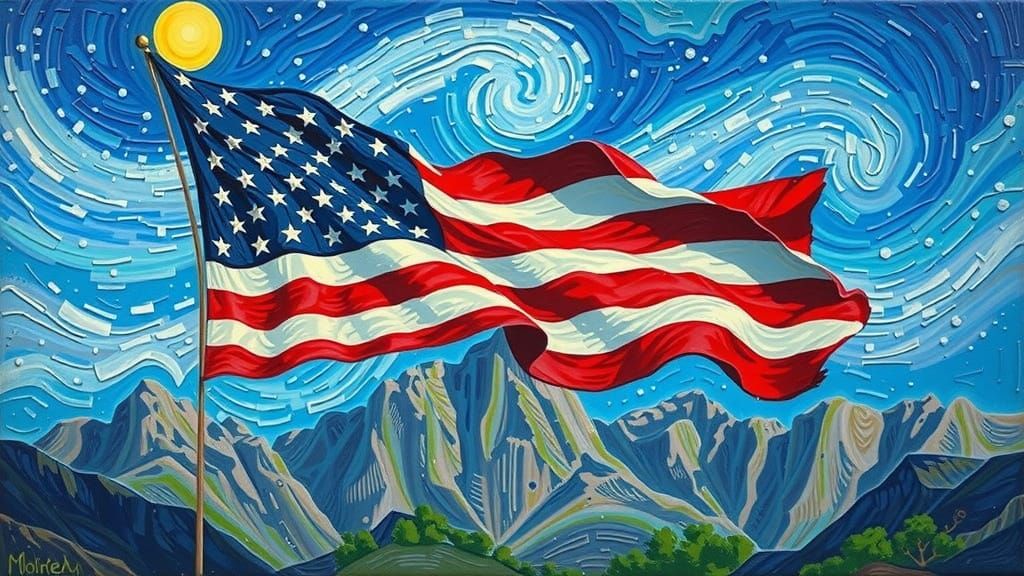 Impasto American Flag in a Turbulent Blue Sky