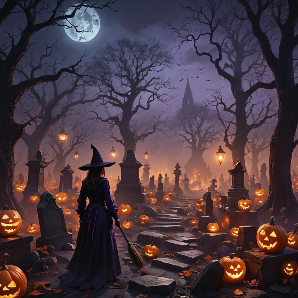 Mystical Midnight Witch in Pumpkin Graveyard