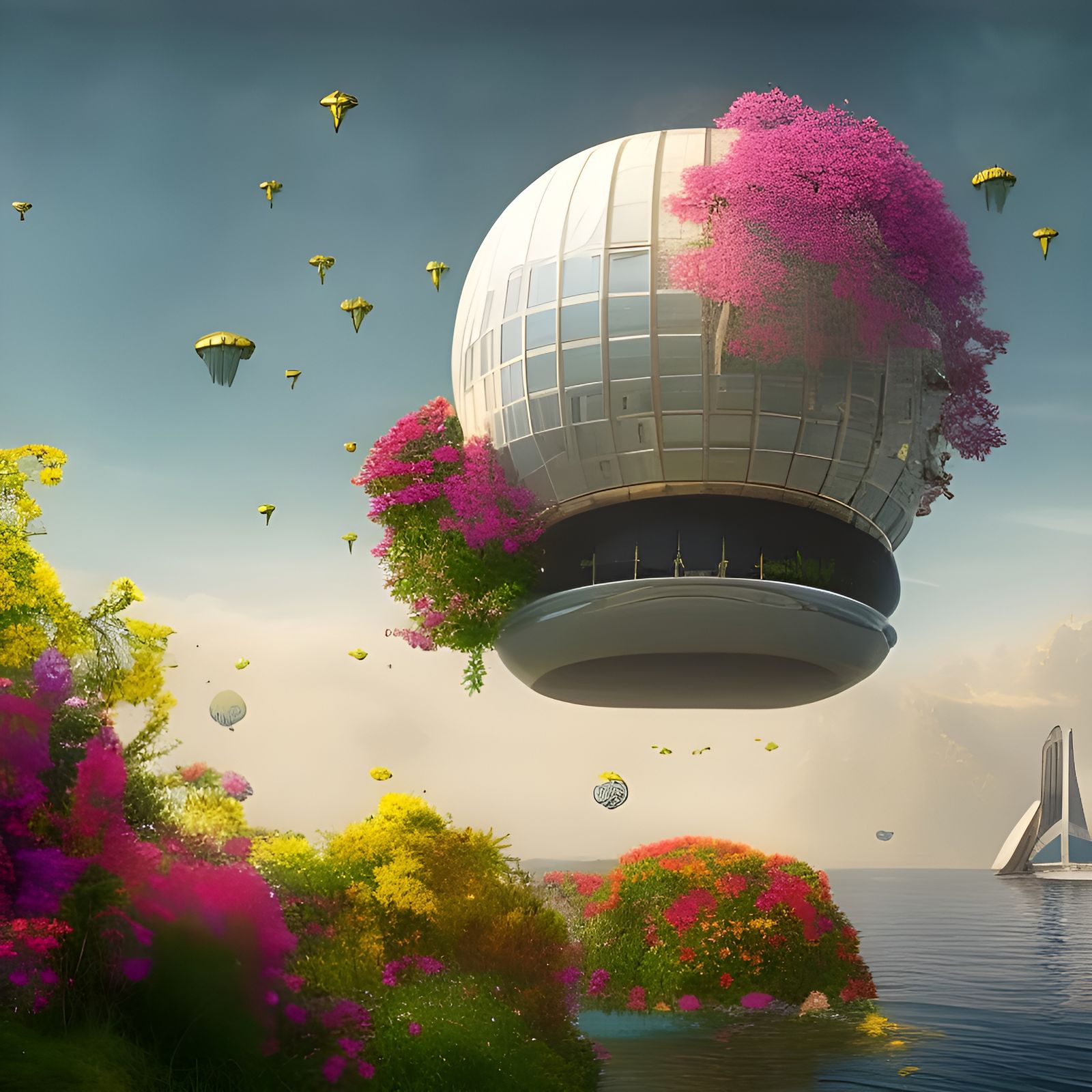 Futuristic Floating Golden Dome House in Digital Painting